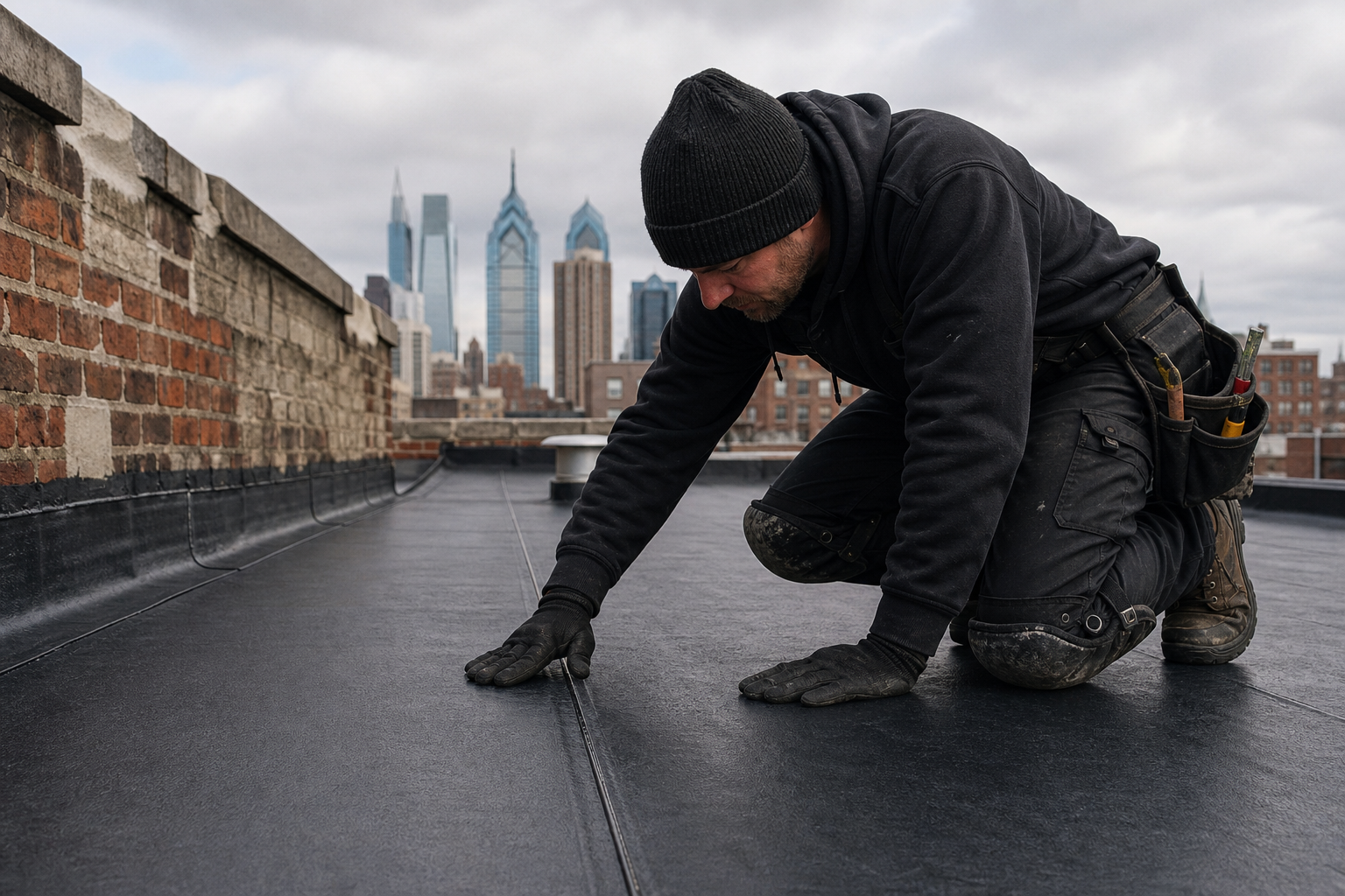 Roofer inspecting a finished membrane seam