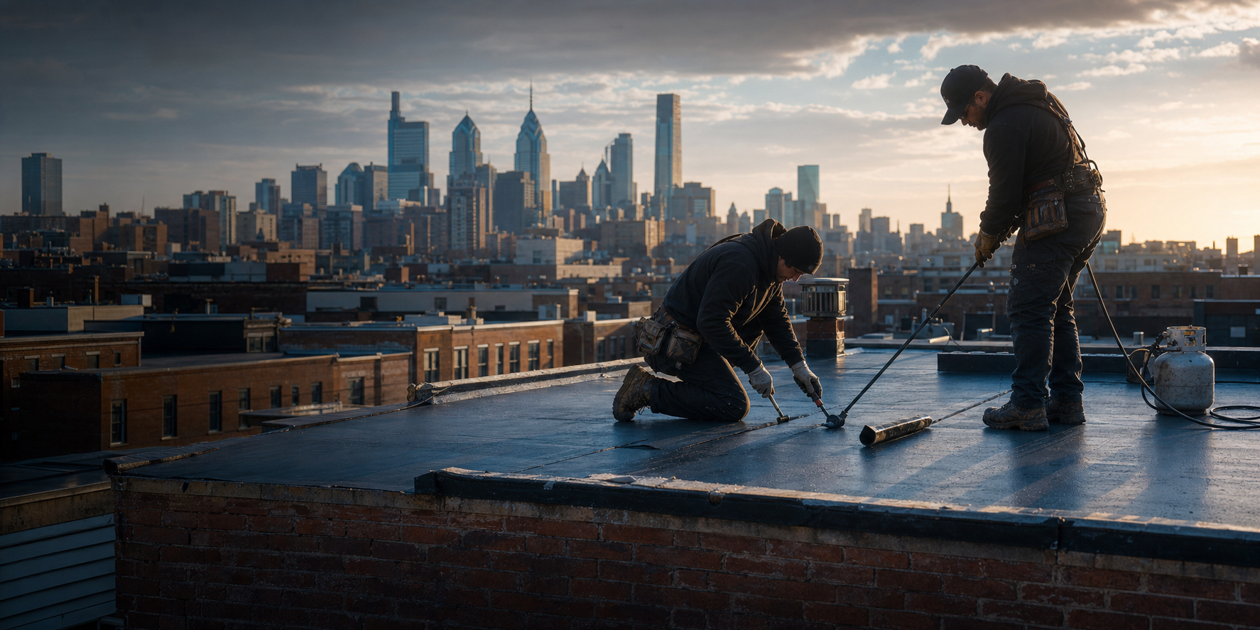 Philadelphia roofing crew working above the city