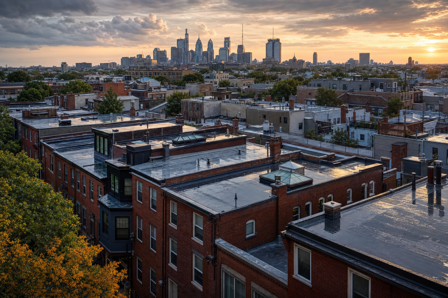 Philadelphia rowhome roofline at golden hour